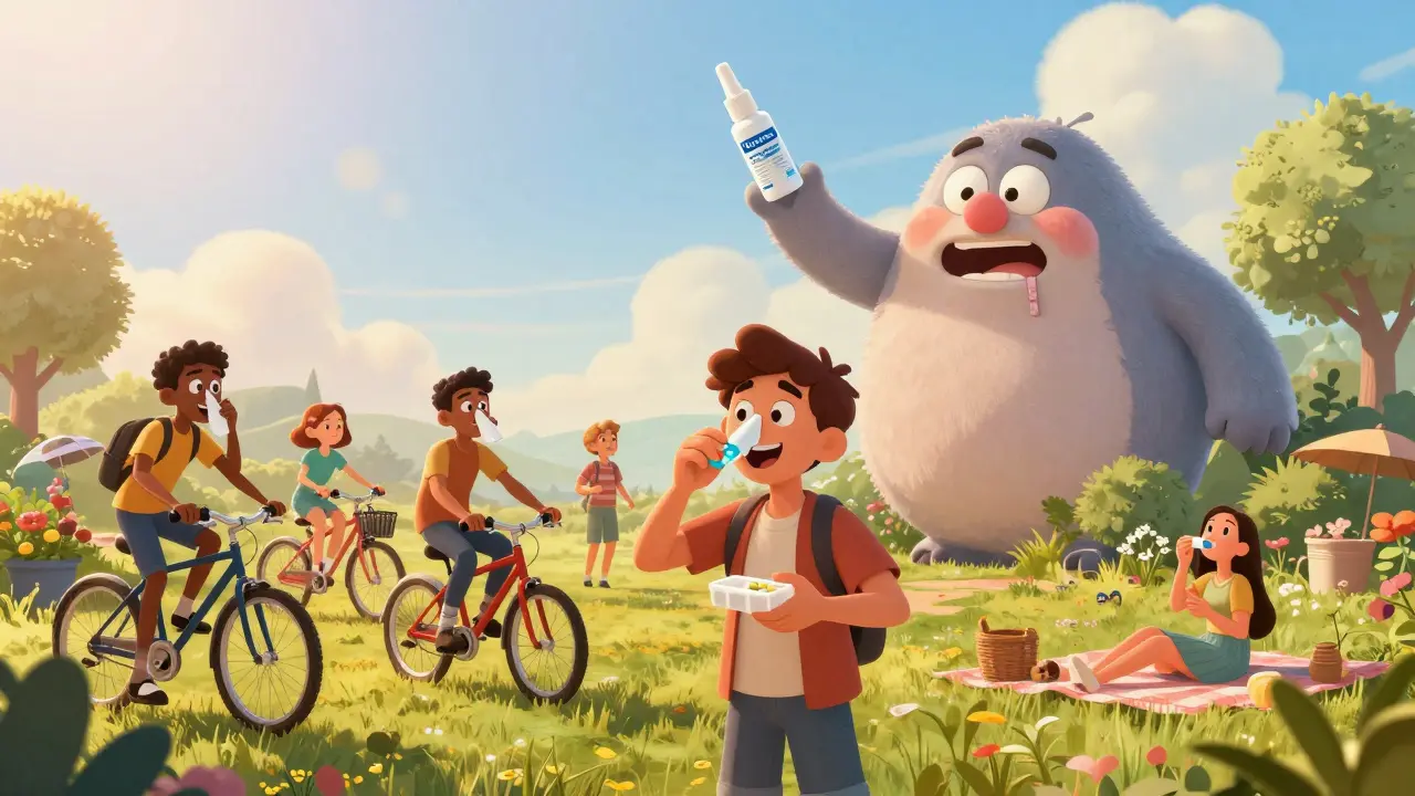 People enjoying outdoor activities while a comical congestion monster is defeated by a nasal spray.