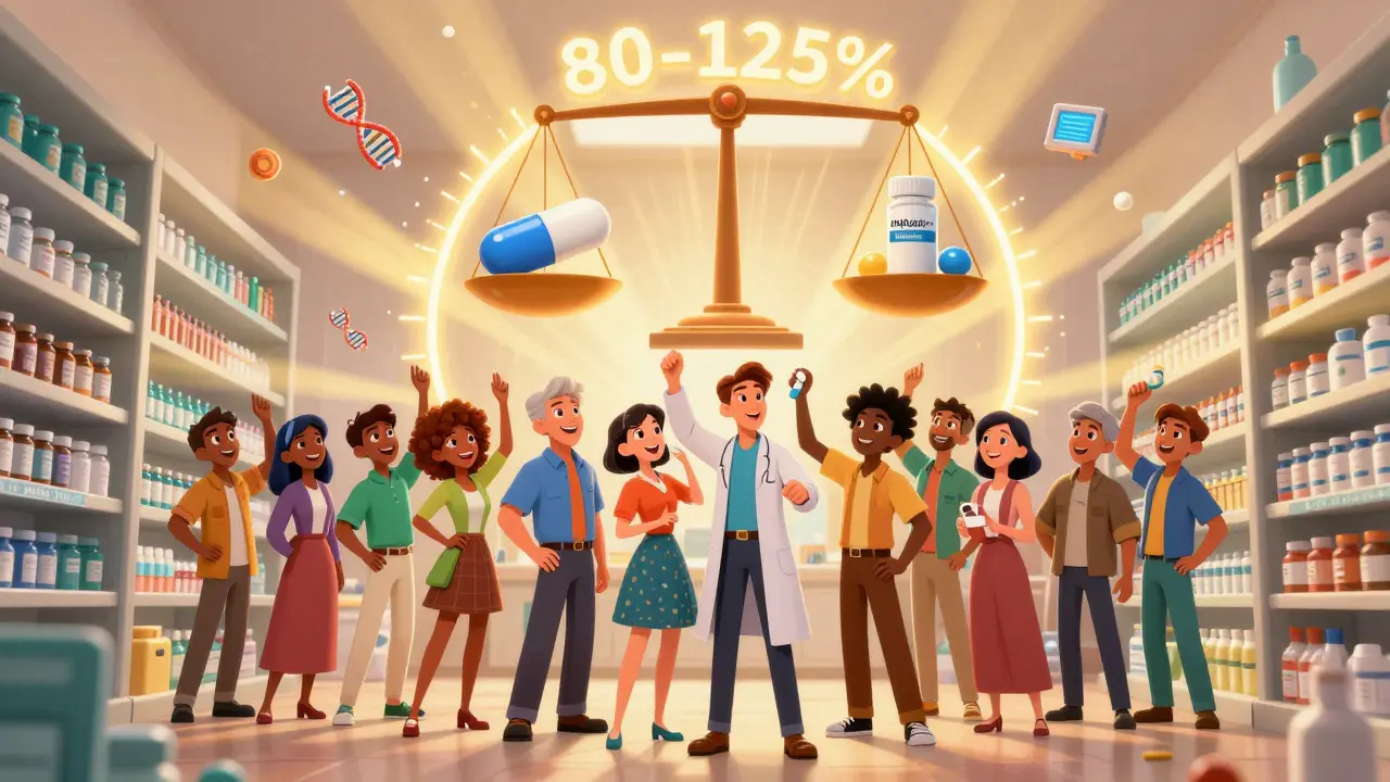 People taking pills from a pharmacy shelf while a magical scale balances brand and generic drugs with golden light.