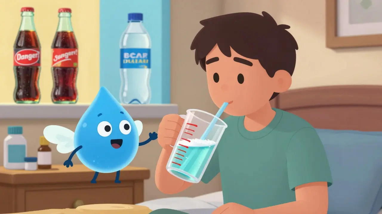 Person drinking from a measuring cup with hydrating fluids, sugar-free options shown