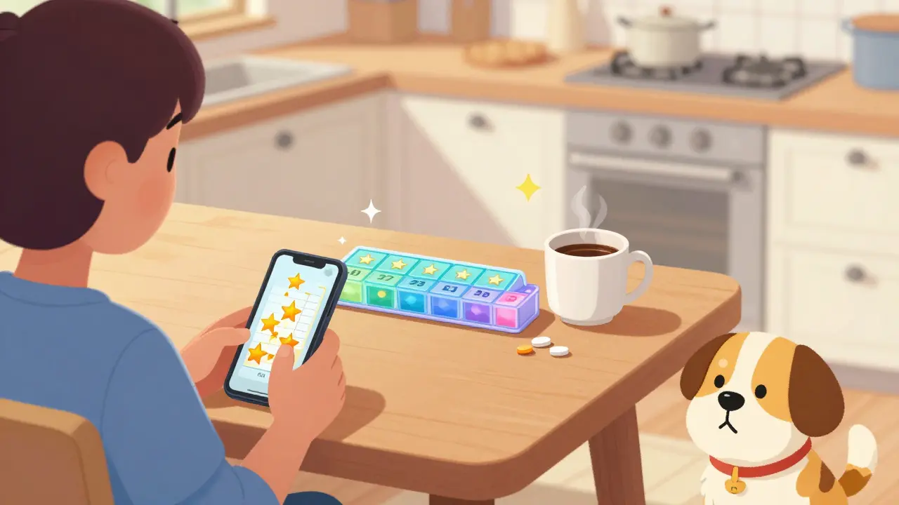 Person taking afternoon pill beside coffee mug, smartphone showing a star-filled progress chart.