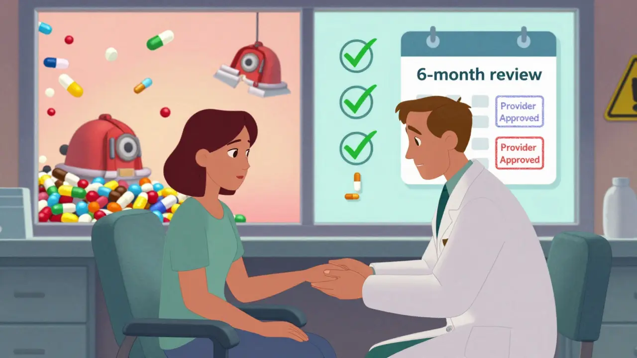 Pharmacist comforting patient while behind them, chaotic pill chaos contrasts with orderly safe medication flow.