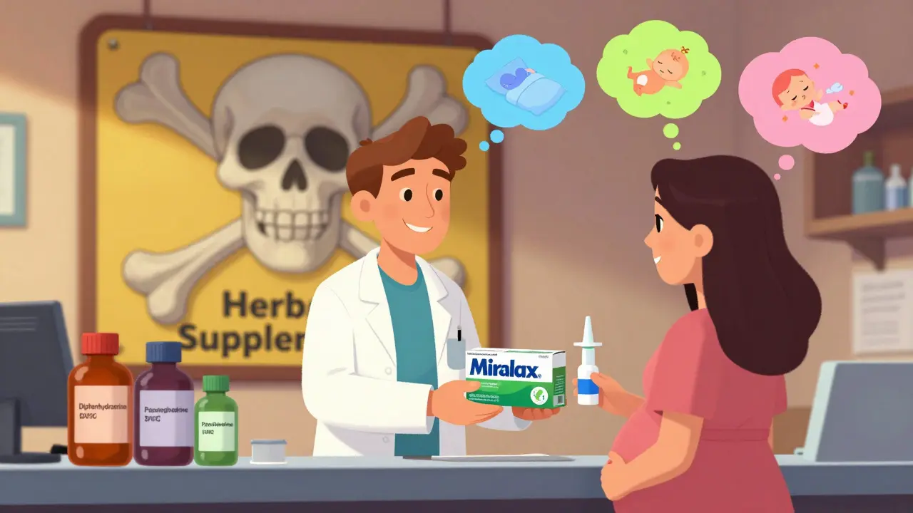 Pharmacist giving safe pregnancy meds while dangerous drugs are warned with cartoon signs.