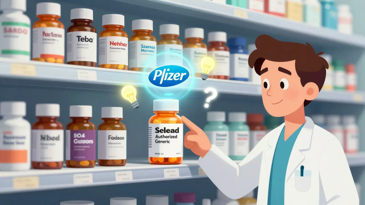 Pharmacist pointing to an NDC code on a bottle as a hologram of the original manufacturer's logo appears above it in a colorful pharmacy shelf.