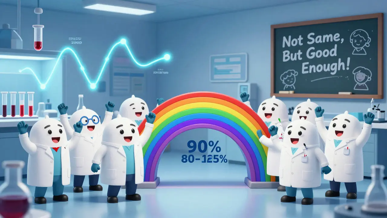 Scientists cheering as a rainbow confidence interval bar fits perfectly within an 80-125% safety zone.