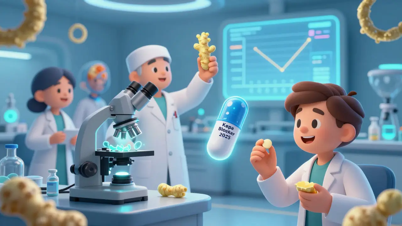 Scientists studying gut bacteria and a patient holding a future nausea-fighting pill and ginger chew.
