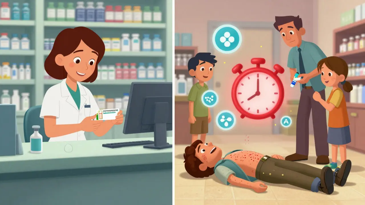 Split scene: calm pharmacy visit vs. sudden anaphylaxis collapse with epinephrine being used.