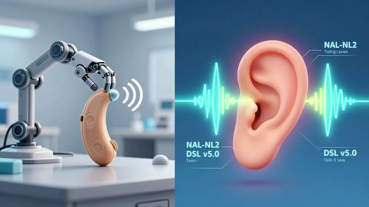 Split scene: generic hearing aid adjustment in a lab vs. personalized fitting with accurate sound curves matching a unique ear canal.