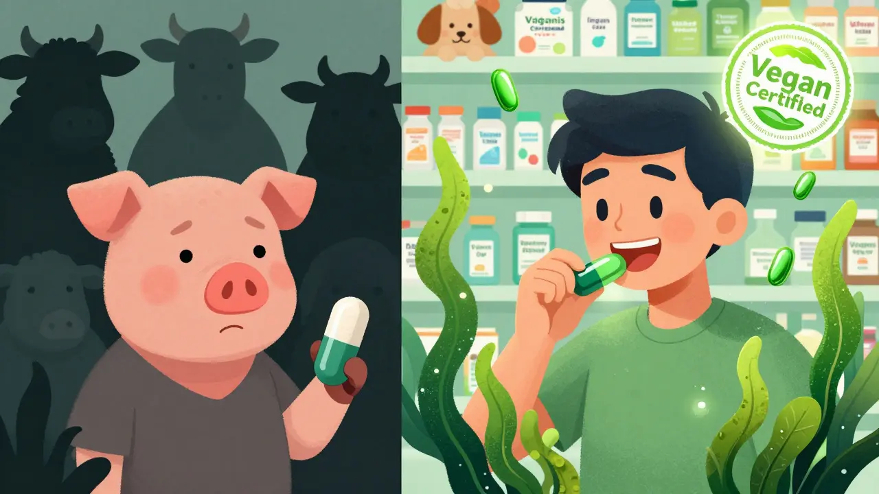 Split scene: one person taking an animal-based pill sadly, another taking a vegan algae pill happily in a pharmacy setting.