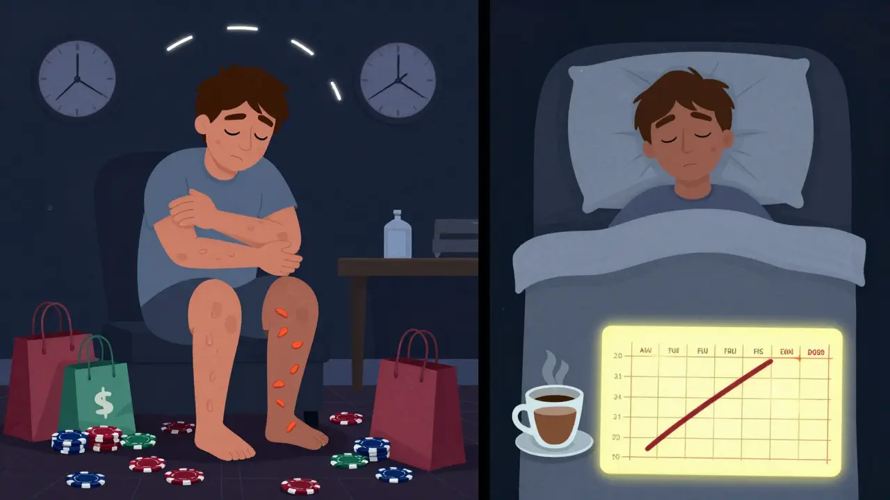 Split scene: one side shows chaos from dopamine side effects, the other shows peaceful sleep with iron, no caffeine, and good sleep habits.