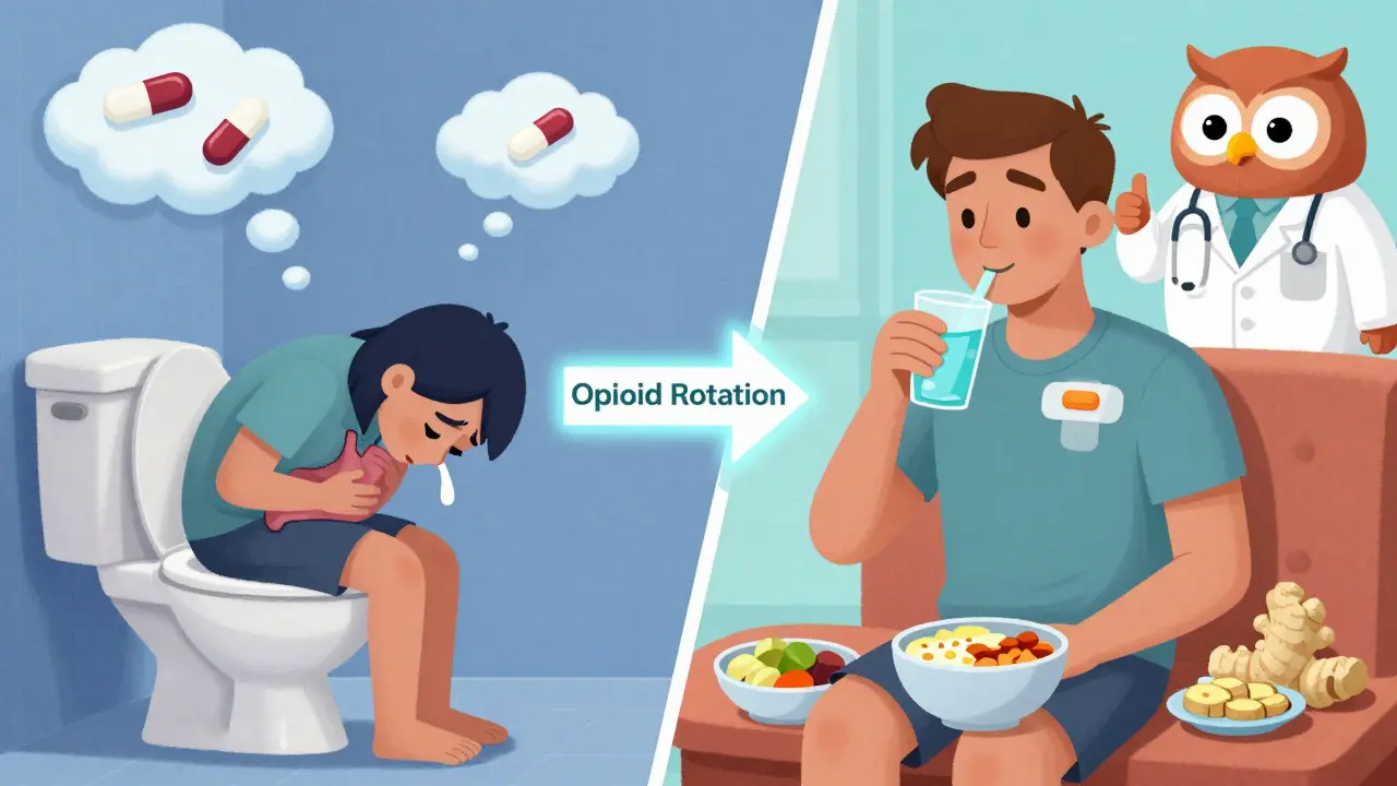 Split scene showing nausea struggles transformed into calm through opioid rotation and gentle care.