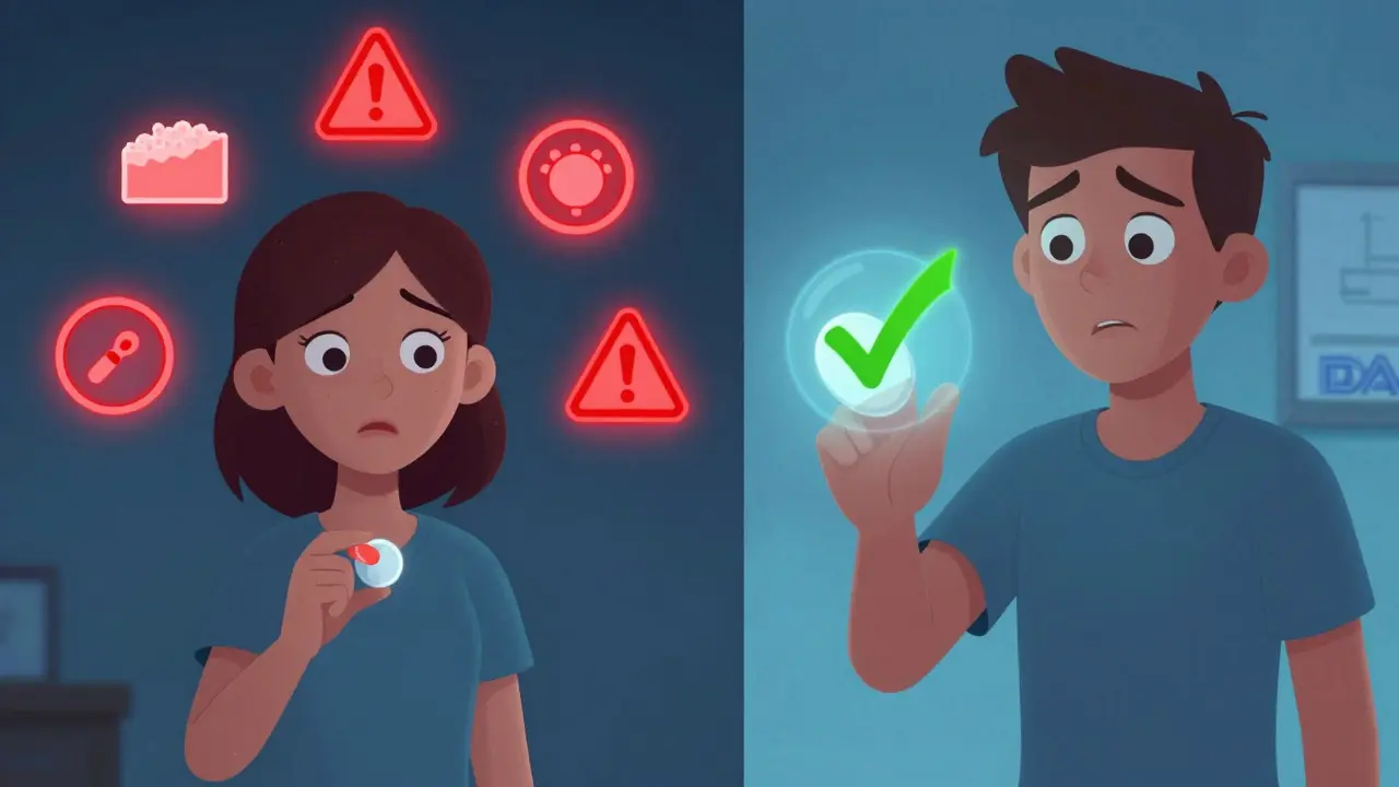 Split-screen showing a patient with a risky generic on one side and a safe authorized generic on the other, with warning symbols and checkmarks.