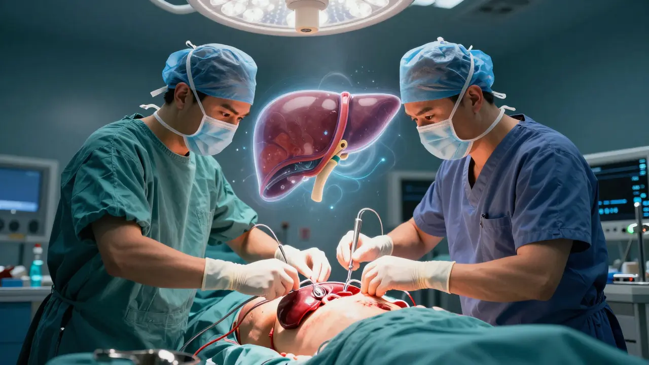 Surgeons performing a liver transplant with a glowing new liver being placed into the patient's body.