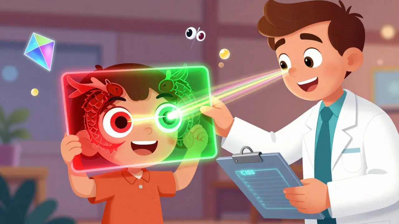 Therapist and child using 3D card to train eye alignment