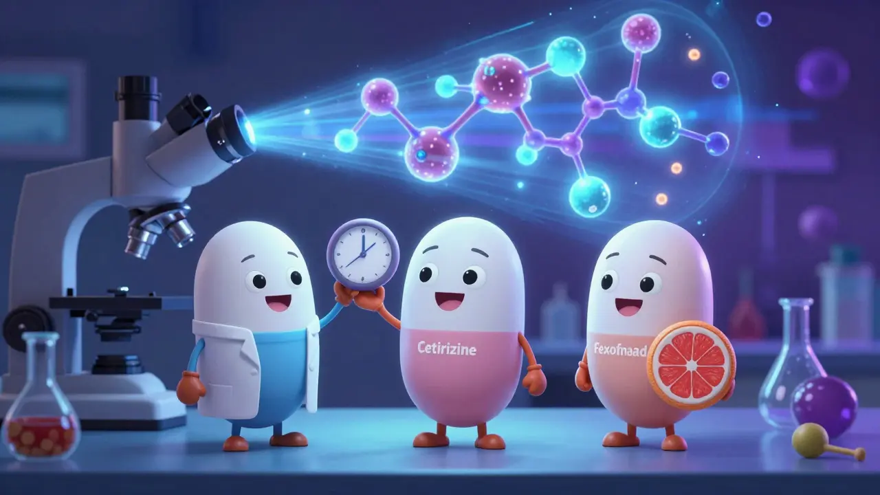 Three friendly antihistamine pills interacting with a glowing H1 receptor in a scientific cartoon scene.