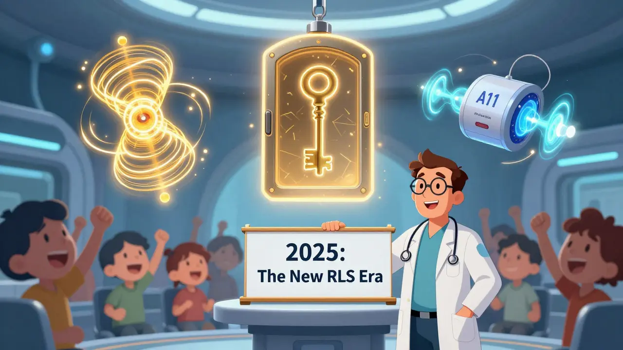 Three futuristic RLS therapies glowing in a lab — iron chelator, targeted receptor, and magnetic stimulation — as doctors celebrate the new era.