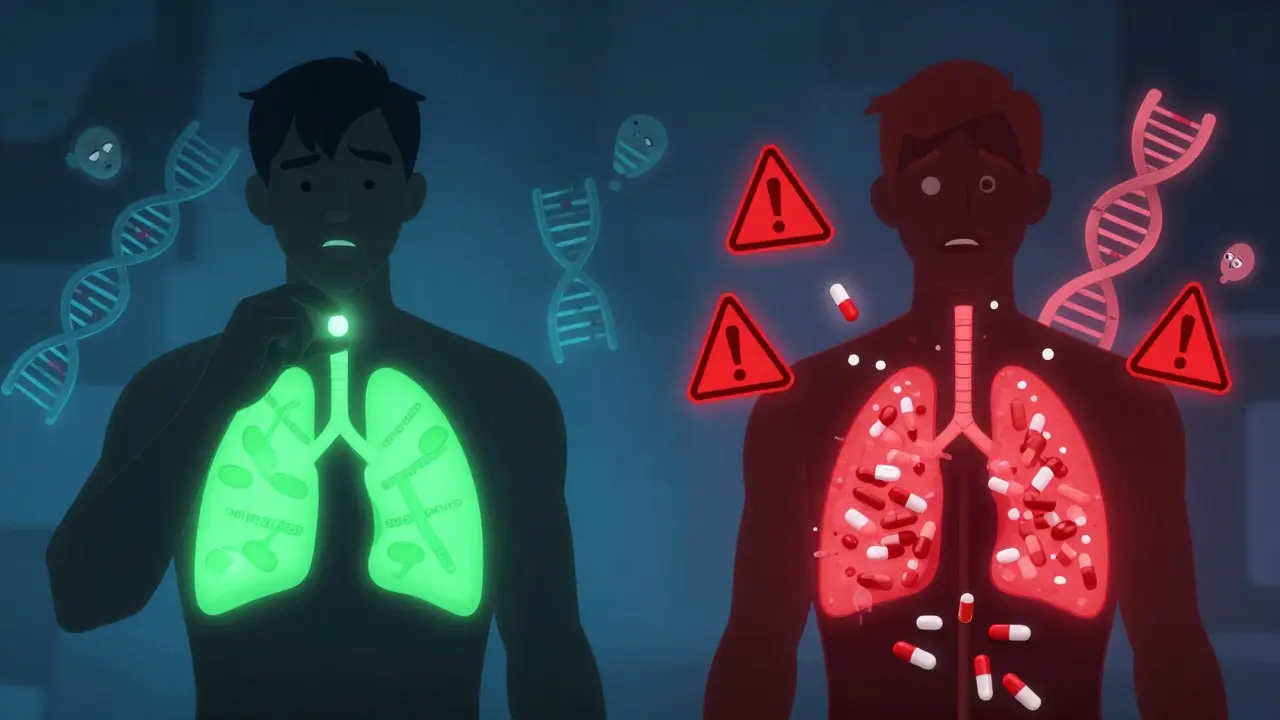 Two people with contrasting drug metabolism: one smooth, one dangerous, with glowing genes and enzymes.
