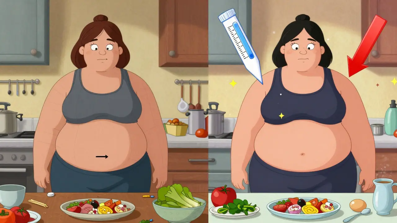 Two women side by side: one with minimal weight loss on metformin, the other dramatically losing weight on GLP-1 with metabolic improvements.