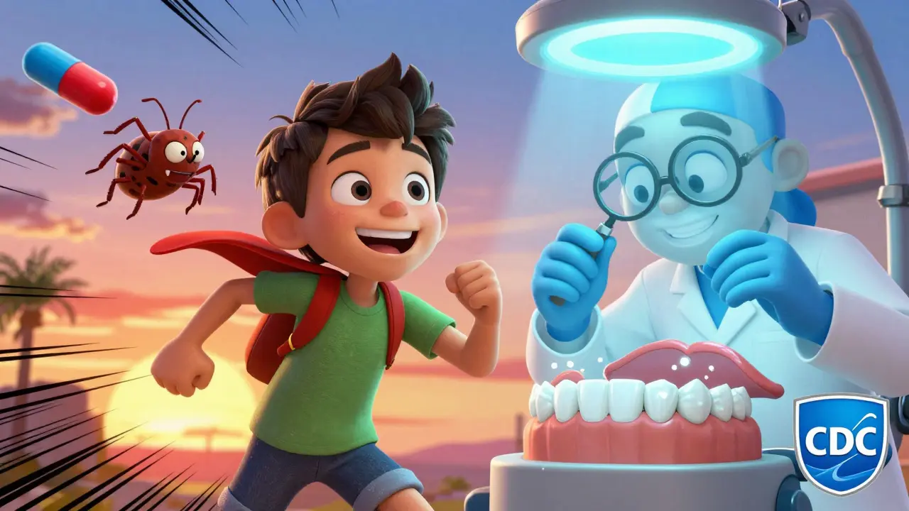 A boy grins as a heroic doxycycline capsule defeats a tick, with dentist checking his stain-free teeth.