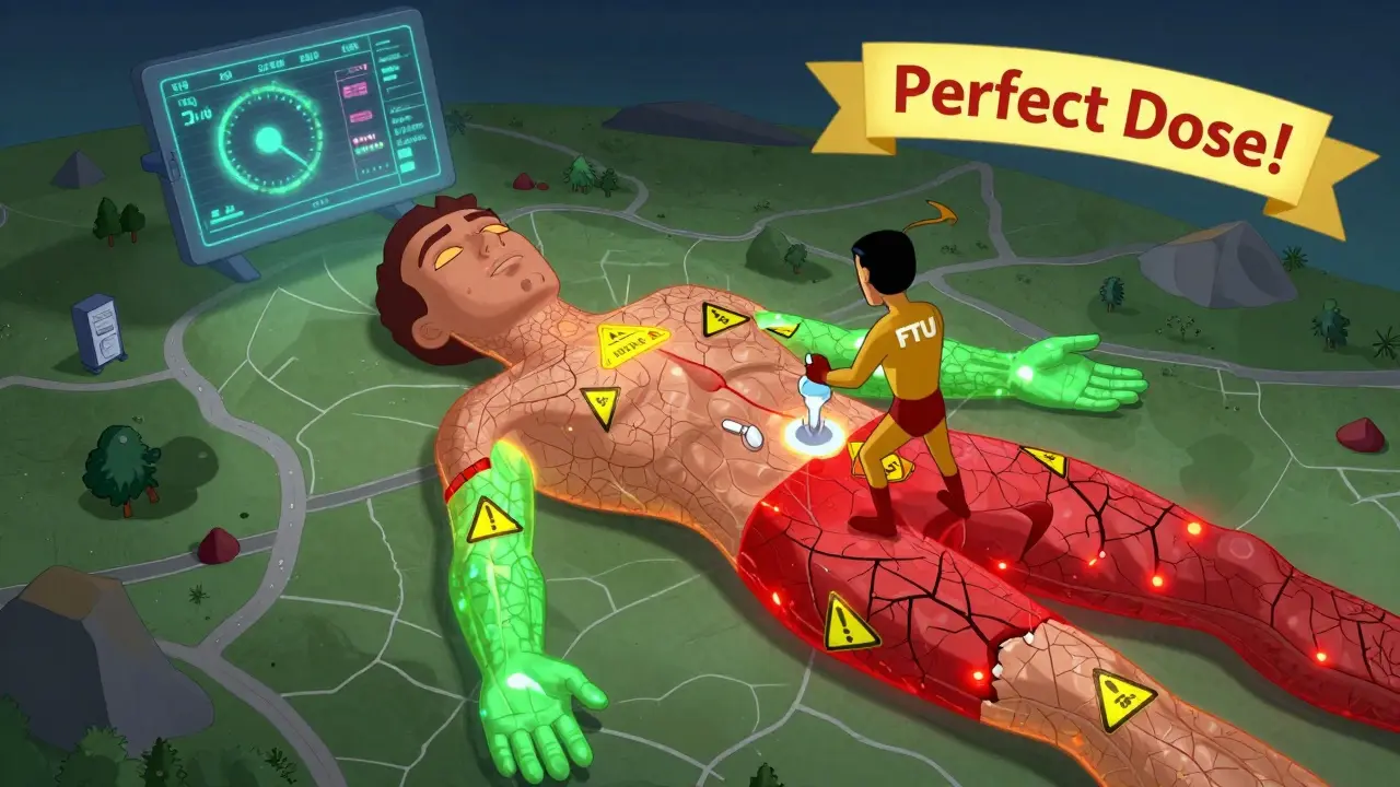 A human body map with danger zones on the face and groin, protected by a superhero dropping precise doses of cream.