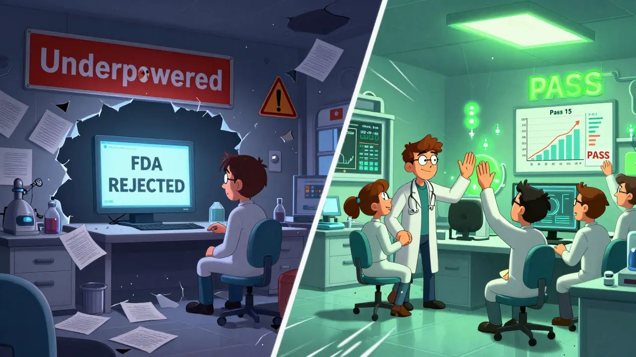 A split scene: left side shows a failed study with red warnings; right side shows a successful BE study with green lights and happy team.