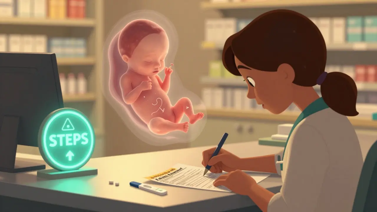 A woman signing a safety agreement at a pharmacy, with a ghostly fetal image behind her and pregnancy warning labels glowing.