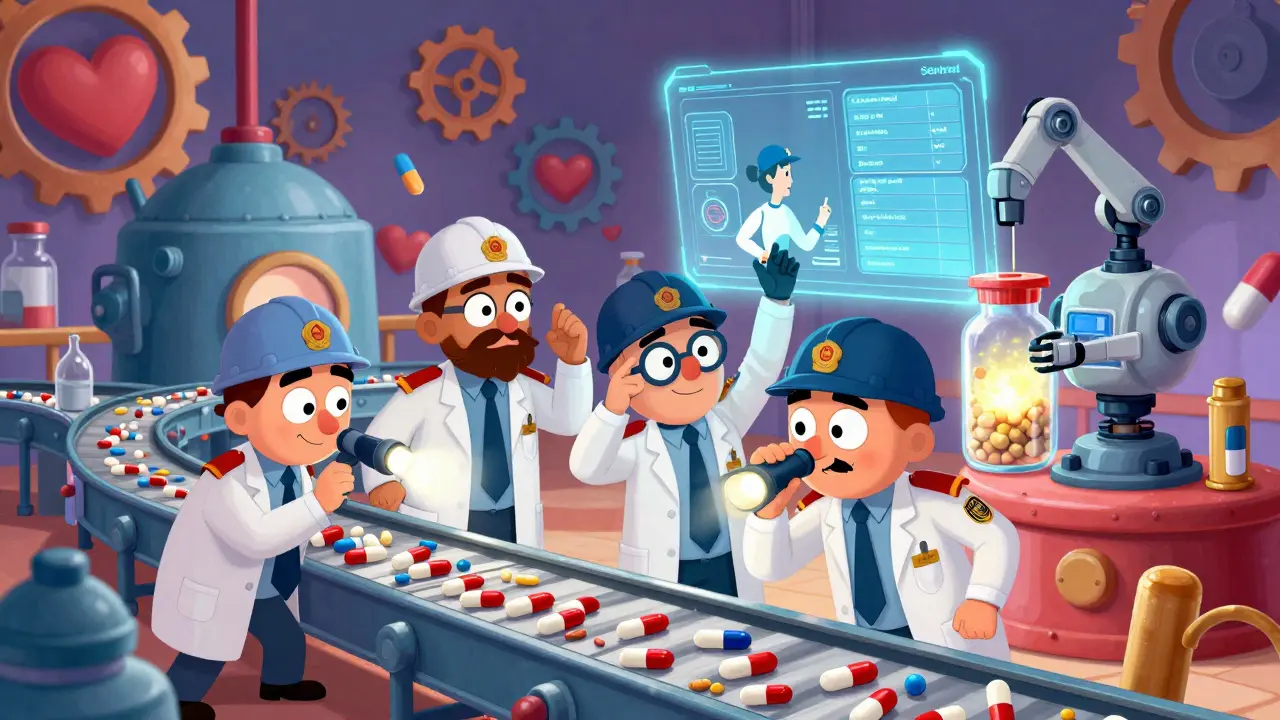 Cartoon inspectors peek into a whimsical drug factory with glowing pills and holograms.