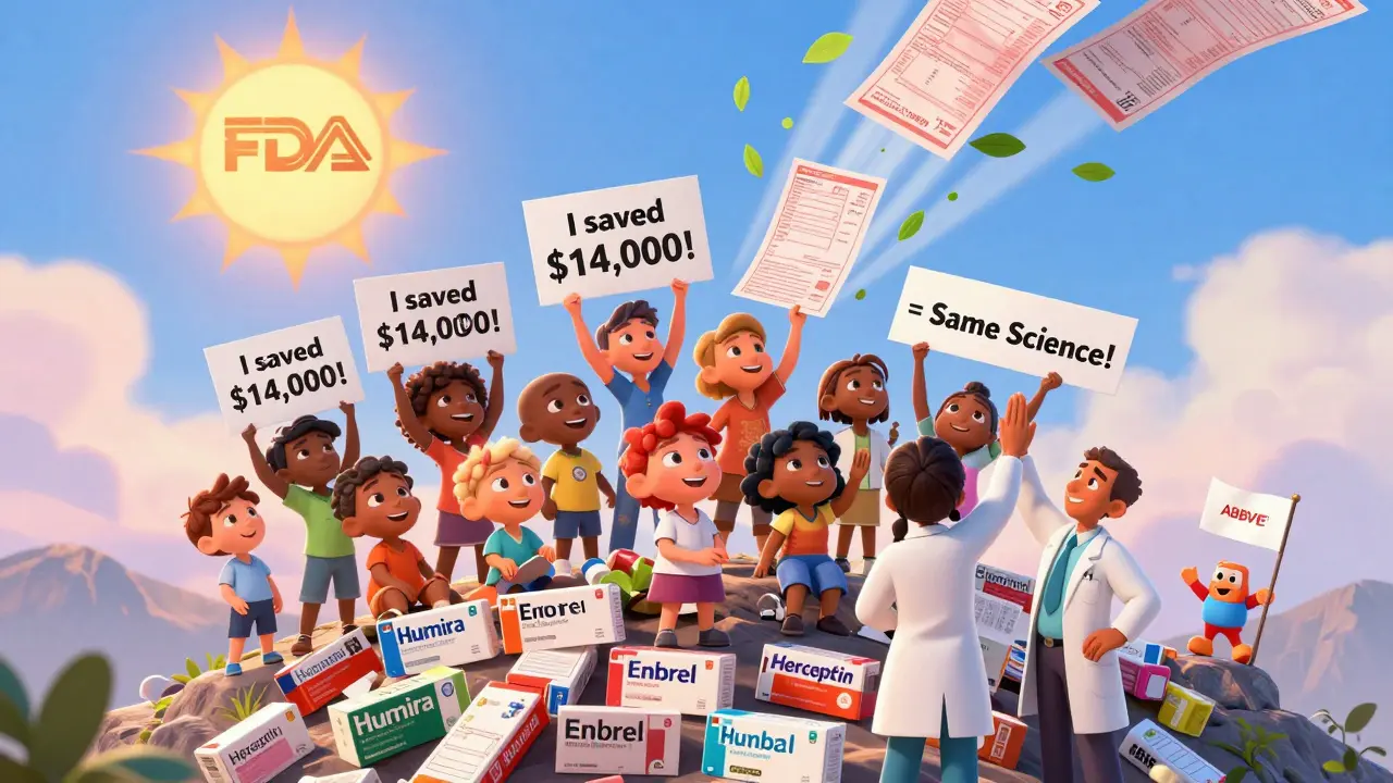 Diverse patients celebrate savings on a mountain of discarded brand drug boxes, with a shining biosimilar symbol in the sky.