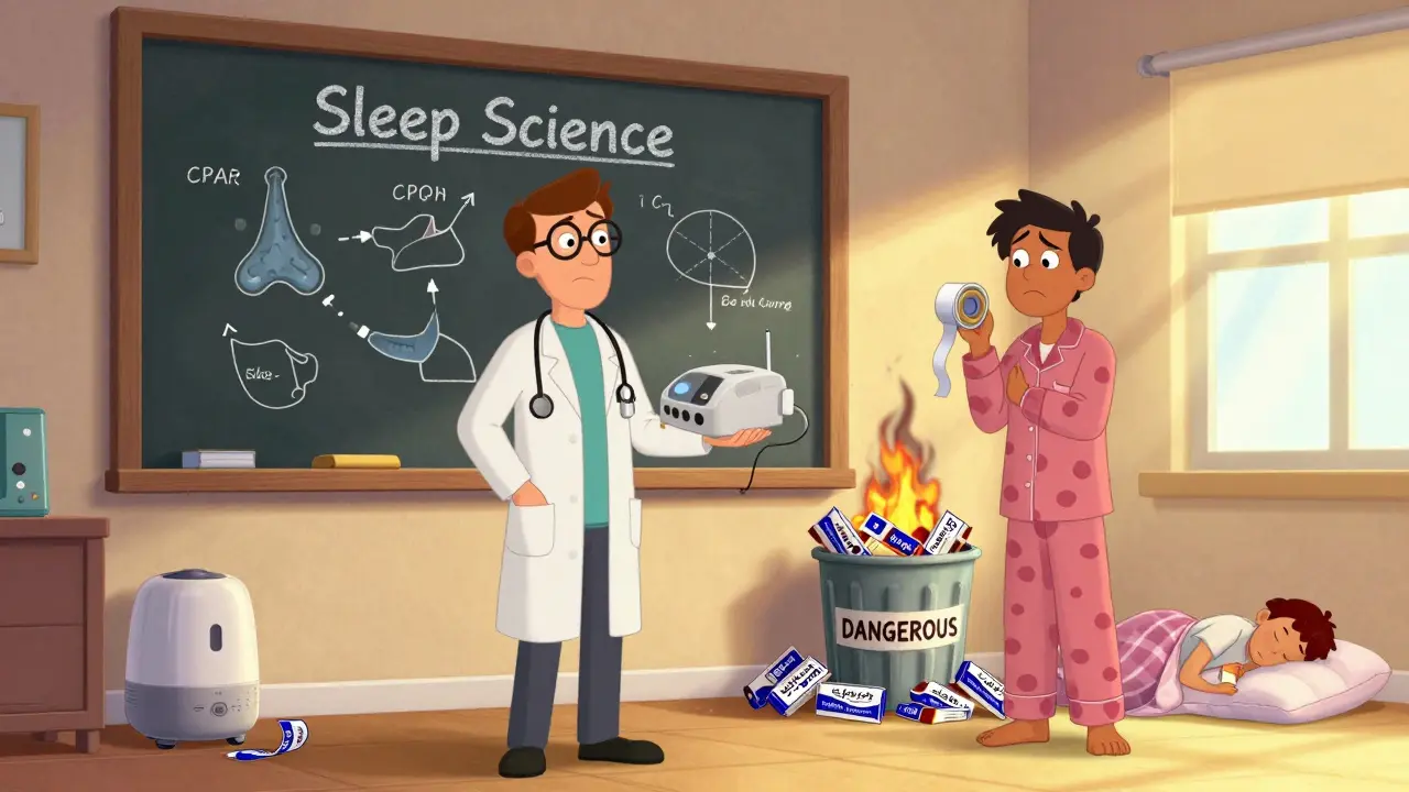 Doctor explains sleep science while dangerous tape products burn, safe alternatives glowing nearby.