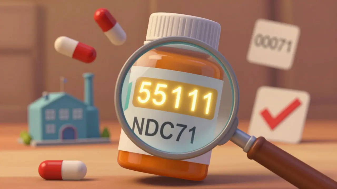 Magnifying glass revealing NDC numbers on a pill bottle, showing different labeler codes