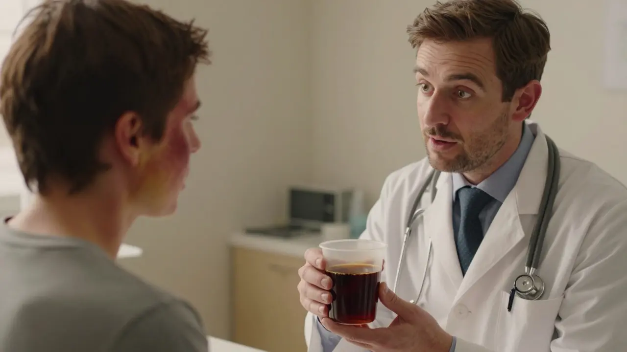 Patient with jaundice symptoms consulting a doctor