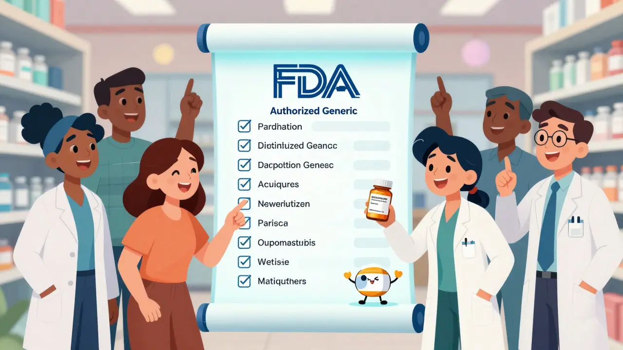 Patients and pharmacists examining a glowing FDA Authorized Generic List with joy