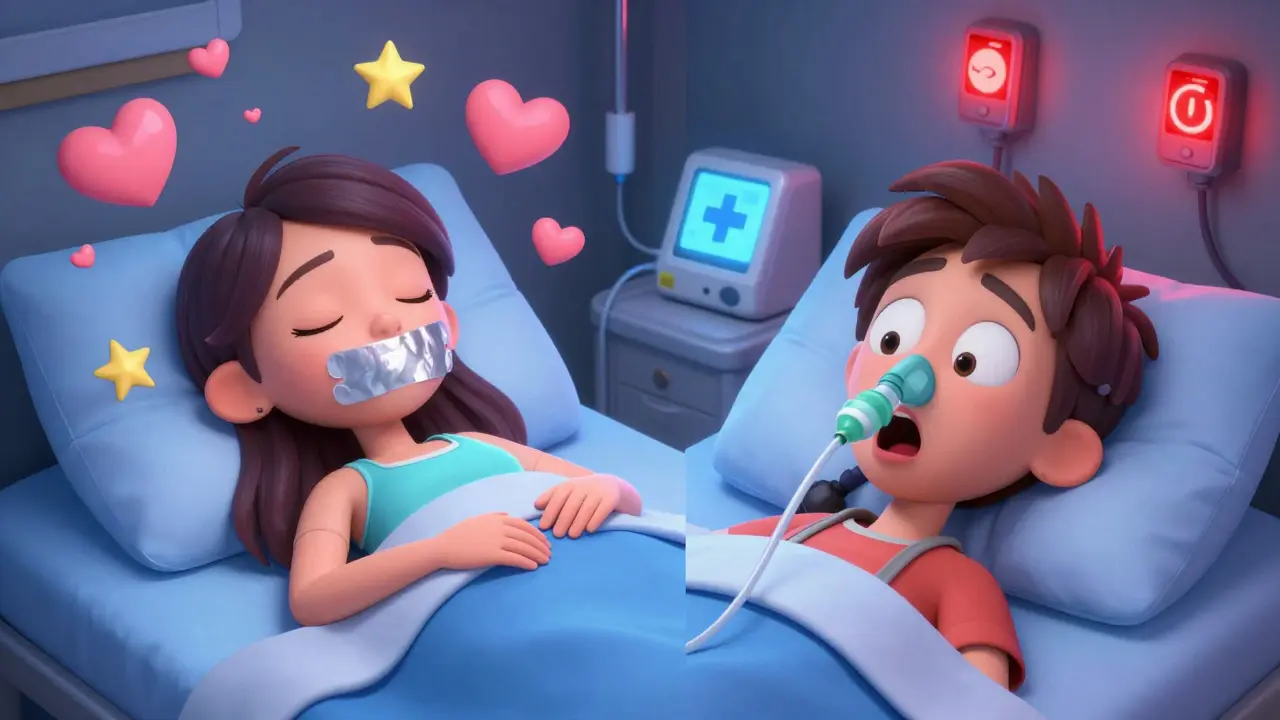 Split scene: peaceful sleeper vs. gasping person with falling oxygen levels and medical devices.