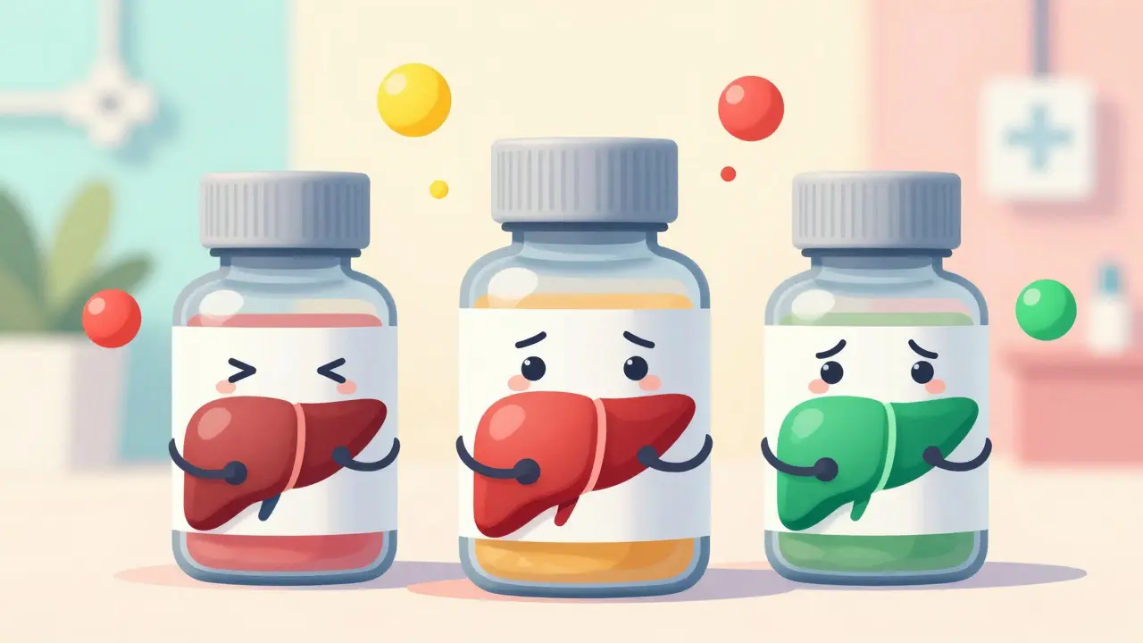 Three antibiotic bottles with liver characters showing risk levels
