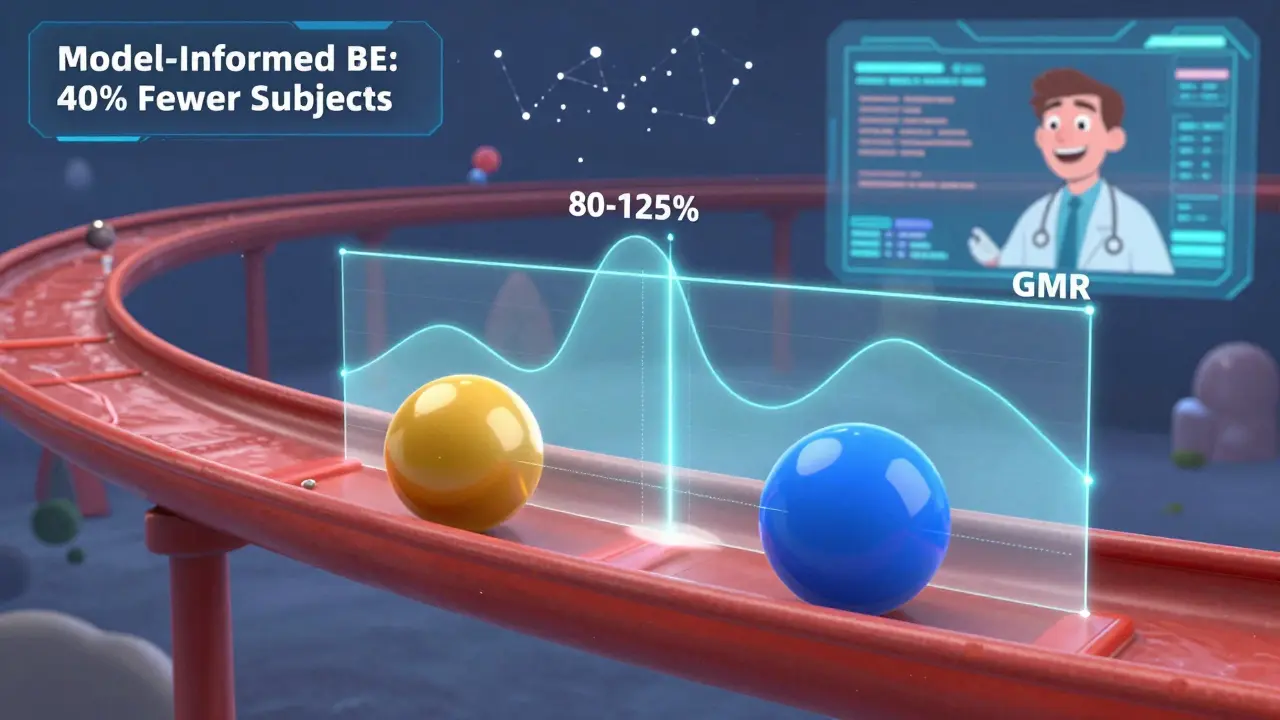 Two drug molecules race through a bloodstream, their curves aligned, with equivalence margins glowing as they pass through gates.
