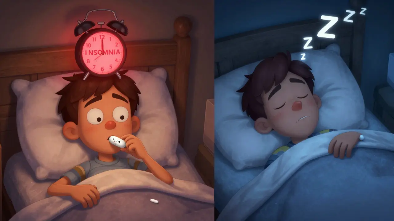 Two people side by side: one struggling with insomnia after taking fluoxetine, the other sleeping peacefully after taking mirtazapine.