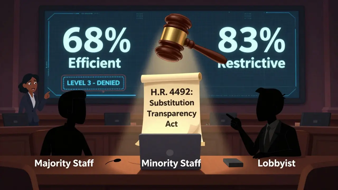 A courtroom-style debate over transparency rules, with staff and lobbyists arguing over a bill to make amendment reviews public.
