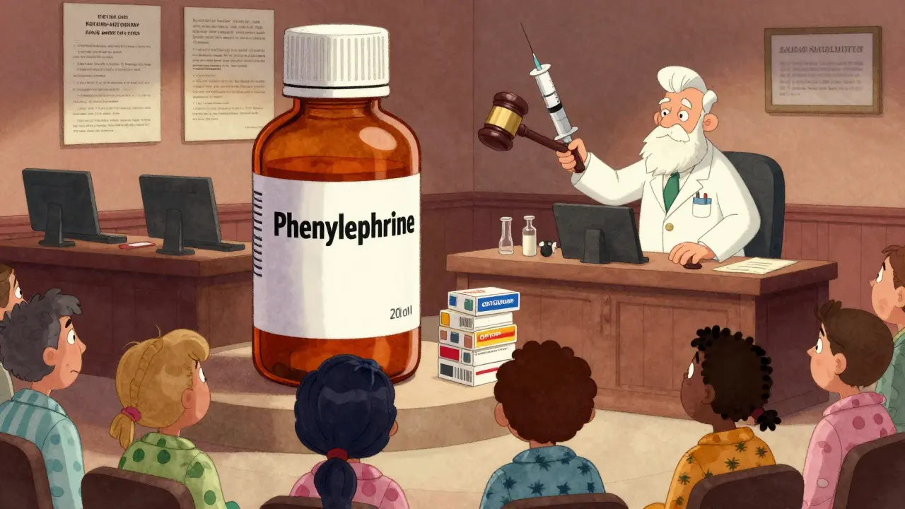 A giant cold medicine bottle on trial as a placebo, judged by a pharmacist with scientific evidence displayed.