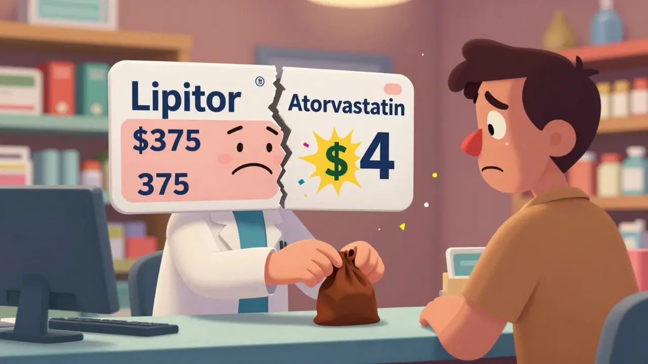 A pharmacist giving a generic pill to a customer while a price tag transforms from 5 to  with confetti.
