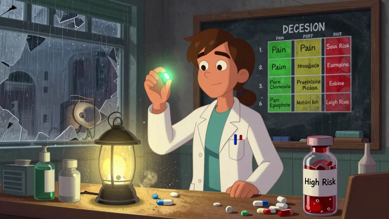 A pharmacist sorts expired drugs using a color-coded system during a disaster.