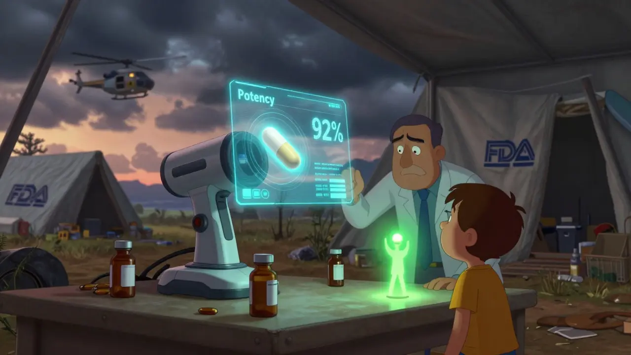 A portable device tests medicine potency, glowing green as hope returns after a disaster.