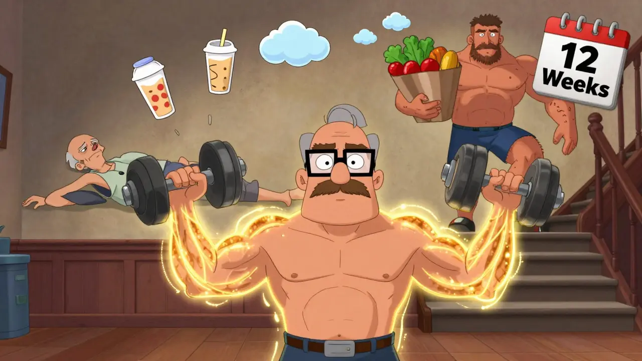 A senior man lifting a dumbbell with glowing muscle fibers, beside a before-and-after mural of strength.