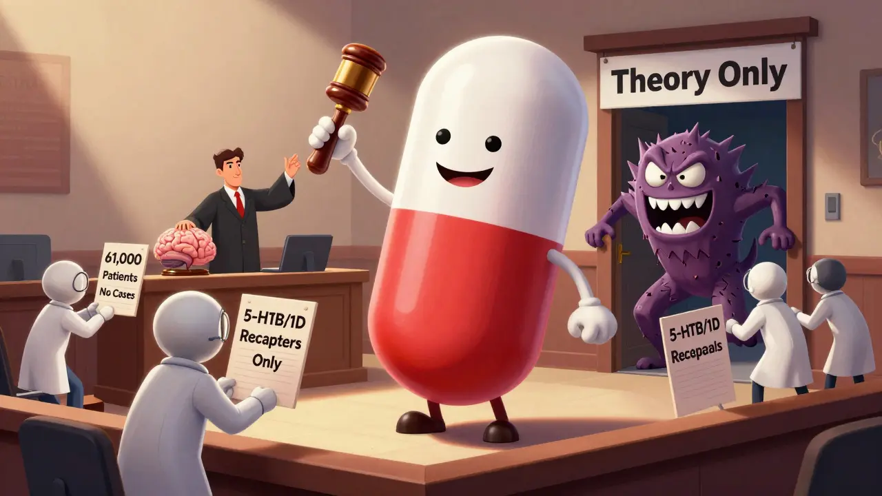 A triptan pill defends itself in court against a cartoon serotonin syndrome monster, backed by scientific evidence.