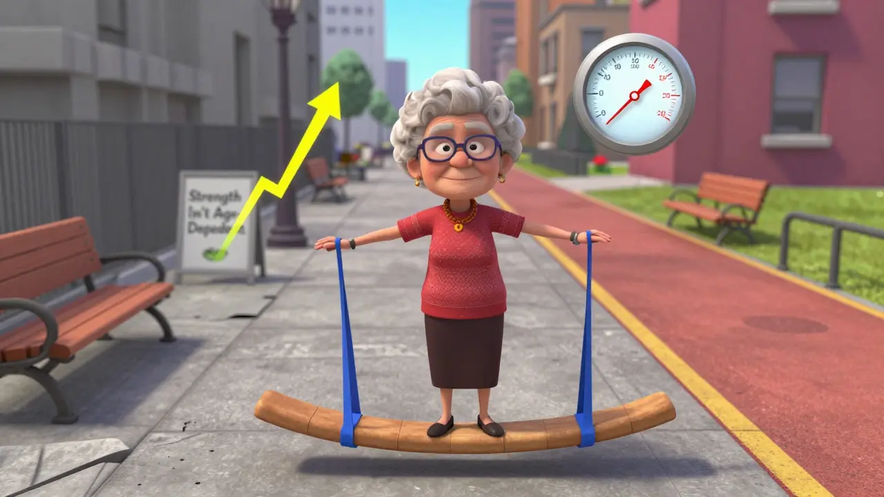 An elderly woman standing on resistance bands as health metrics rise around her, symbolizing improved mobility.