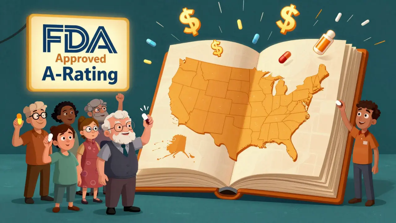 Diverse patients celebrating generic drugs under an FDA-approved banner with dollar signs falling from the sky.