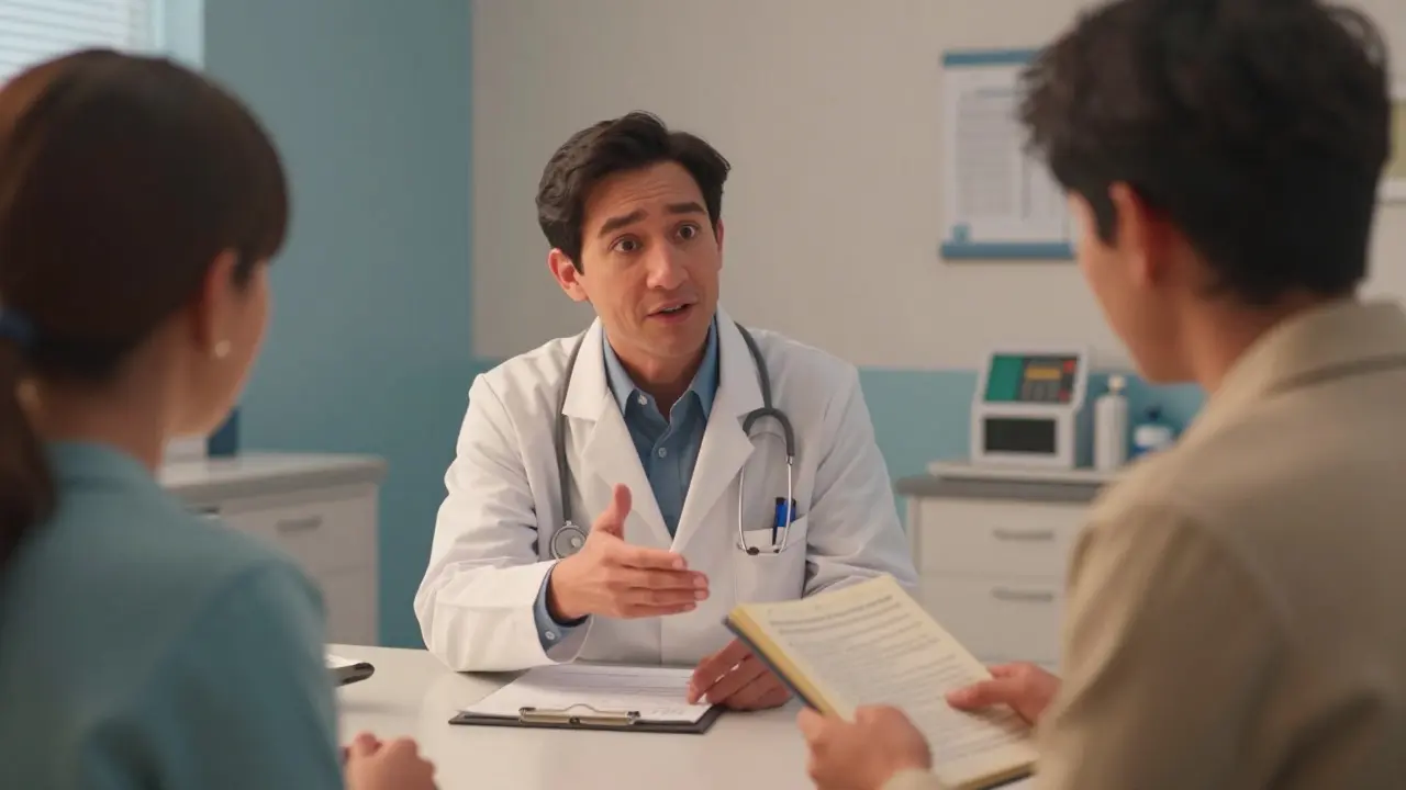 Doctor consulting with patient in cartoon clinic