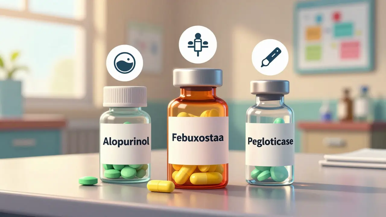 Gout medication bottles including pills and injection vials on desk