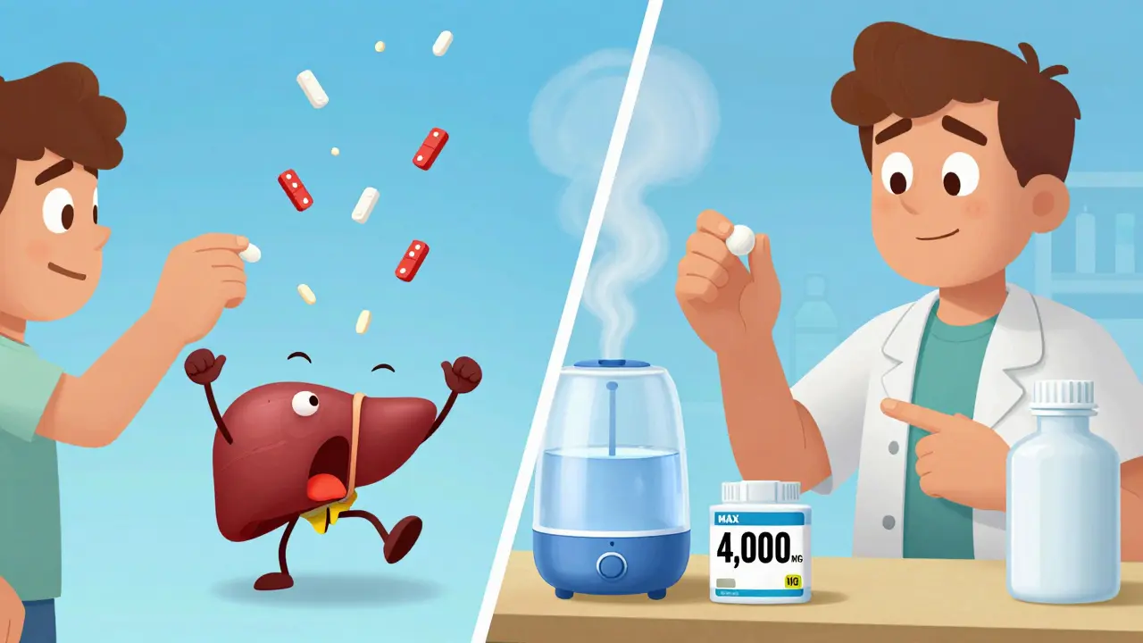 One person taking multiple cold pills as a screaming liver escapes, while another safely takes one pill with water.