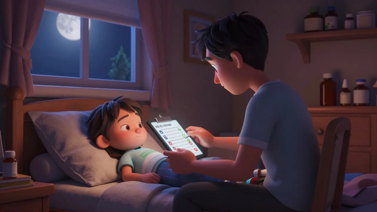 Parent checking safety list beside sleeping child