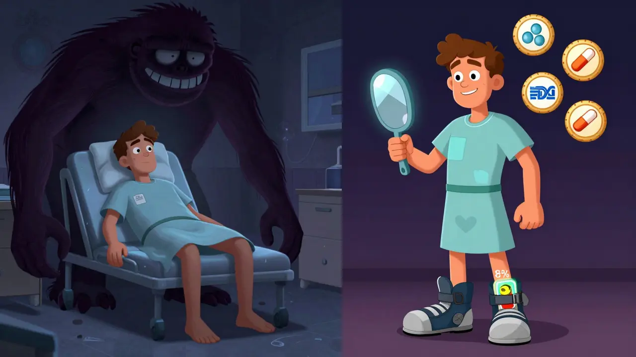 Split scene: a man overwhelmed by neuropathy on one side, empowered with care on the other.