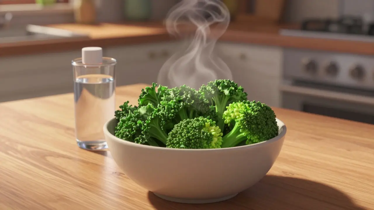 Stylized bowl of green vegetables beside pill bottle